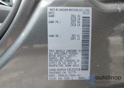 2025 Nissan Altima Sv Fwd from USA, damaged, VIN 1N4BL4DV8SN382058